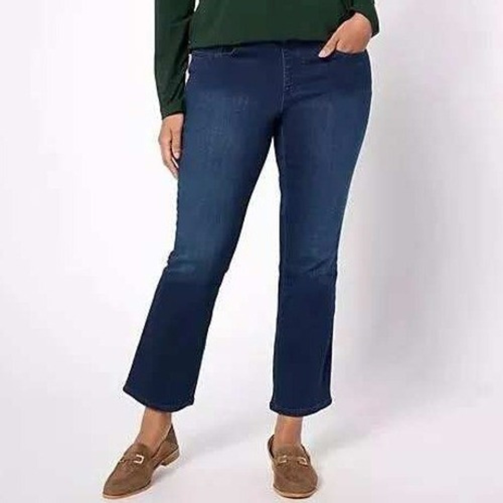 Belle by Kim Gravel TripleLuxe Denim Ankle Flare Jeans Dark Indigo Tall Size 14